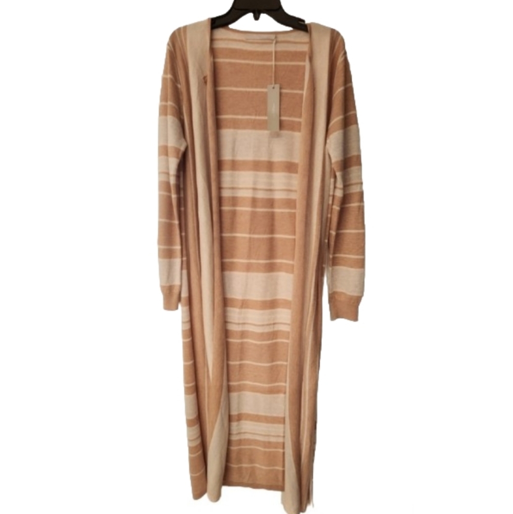 One grey day long open front duster in tan and gray stripes. Size Large - Picture 2 of 10